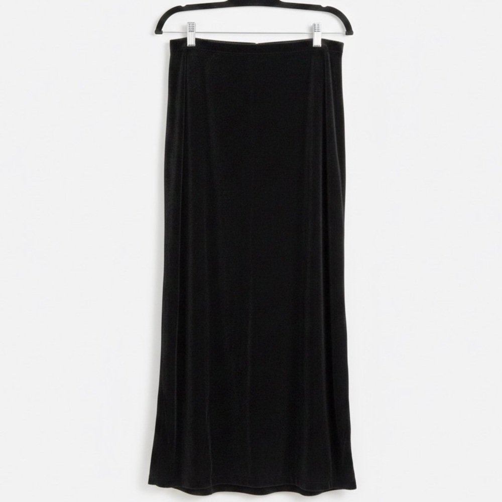 Vintage Elementz Black Midi Skirt Size M Stretch Elastic Waist Back Slit 90s - Picture 4 of 8